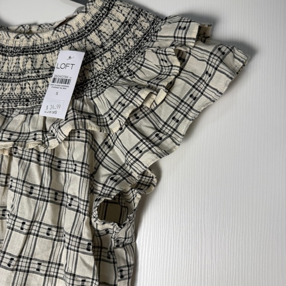 LOFT Black and White Smocked Ruffled Blouse size S - Picture 3 of 7
